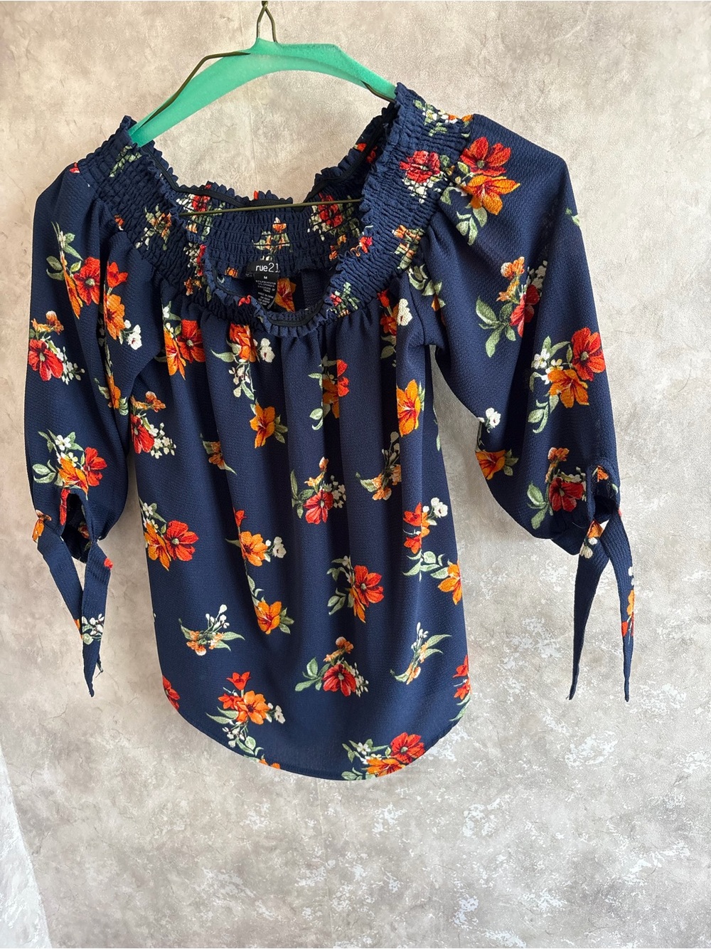Rue21 Navy Floral Off-the-Shoulder Peasant Blouse with Red-Orange Flowers